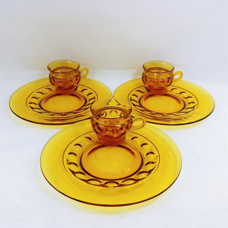 Indiana Glass Kings Crown Thumbprint Amber Snack Set 12 Pc