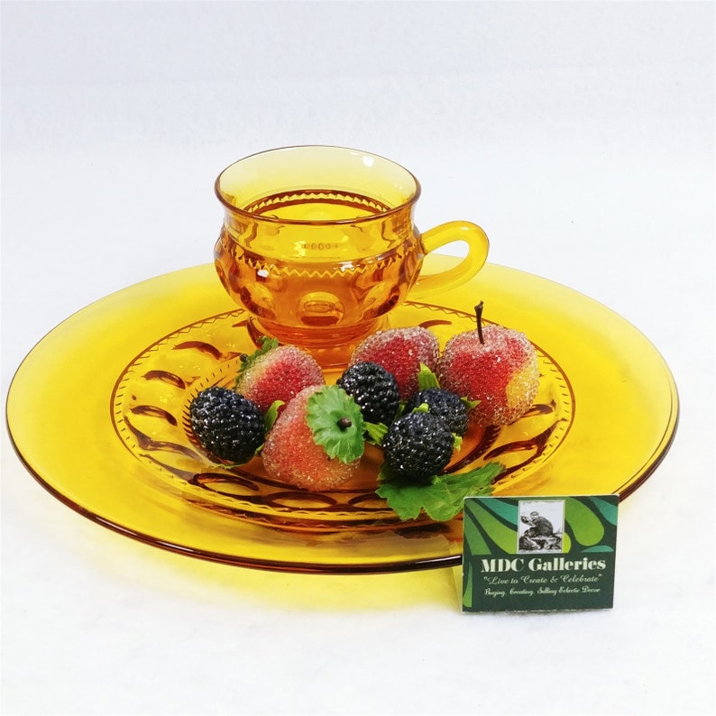 Indiana Glass Kings Crown Thumbprint Amber Snack Set 12 Pc