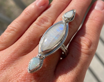 Triple Crystal Ring | Moonstone & Australian Opal Statement Ring | Sterling Silver | One of a Kind