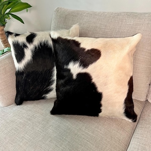 BUY 1 GET 1 FREE Genuine Cowhide & Black Leather Pillow Cover 15x15 - Luxury Home Decor, Natural Hair on Hide, Accent Pillow, Western Decor