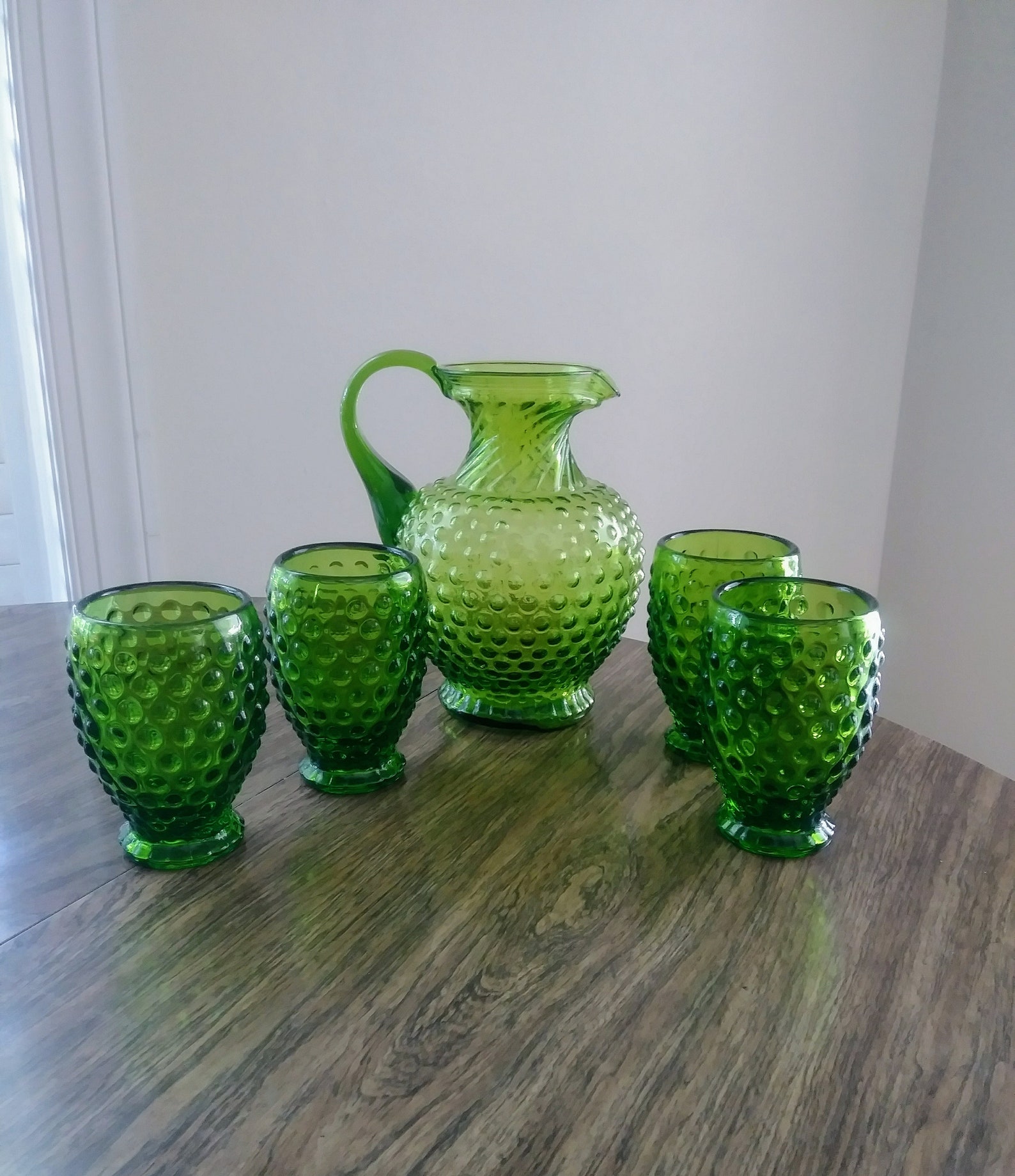 Tiara exclusive Hobnail Green Glass Beverage Set. Etsy