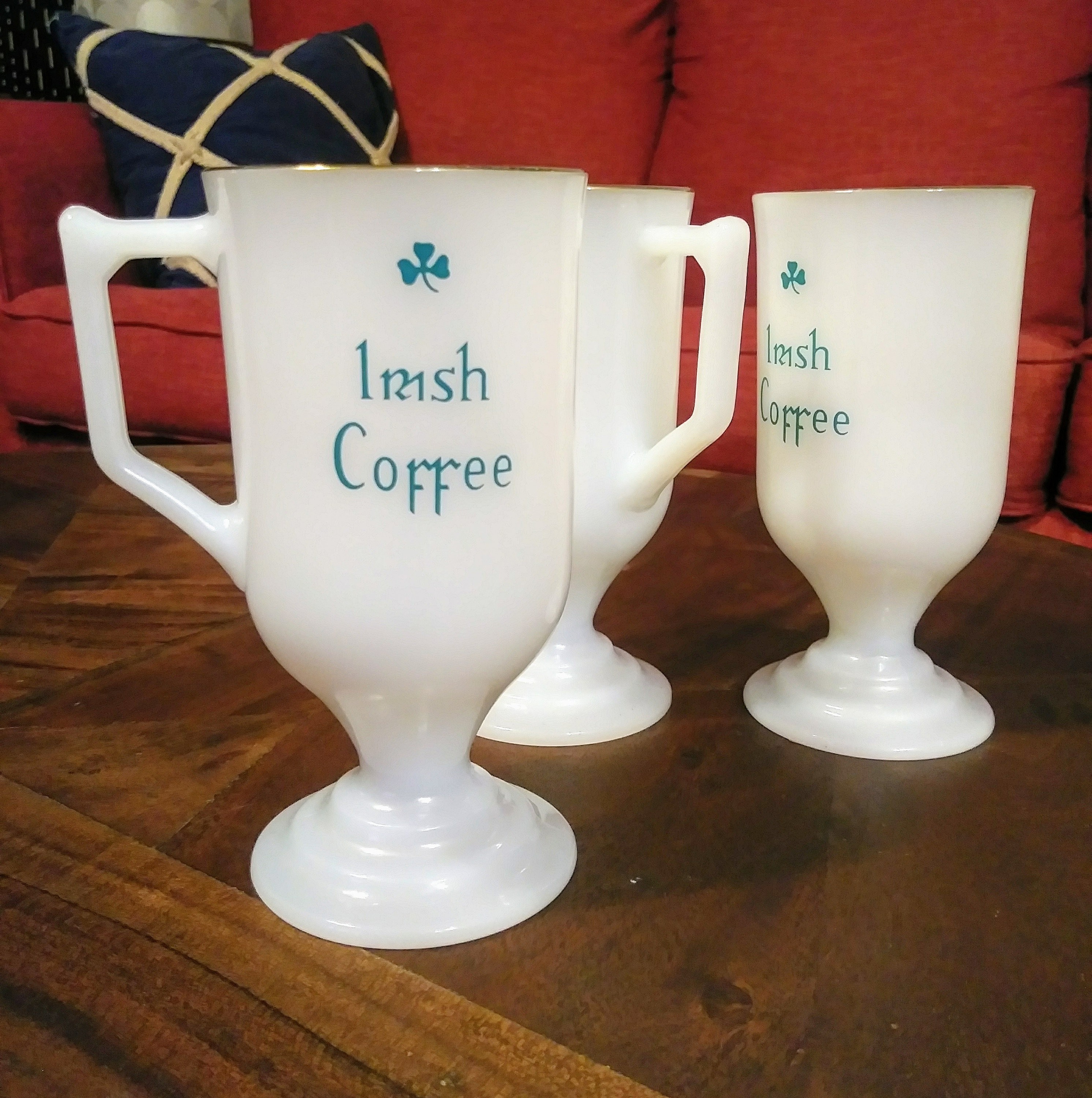 Three Irish Coffee Mugs. White Glass Stemmed Goblets With Gold Etsy