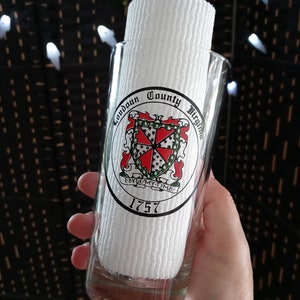 Highball glasses. Vintage barware with Loudoun Co. Coat of Arms, &quot;I byde my time&quot;. Virginia pride glassware, Loudoun Co. 1757.