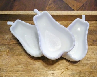 Milk glass fruit dishes. Three vintage pear shaped dessert bowls by Imperial glass.  Scallop edge milk glass dessert dishes.
