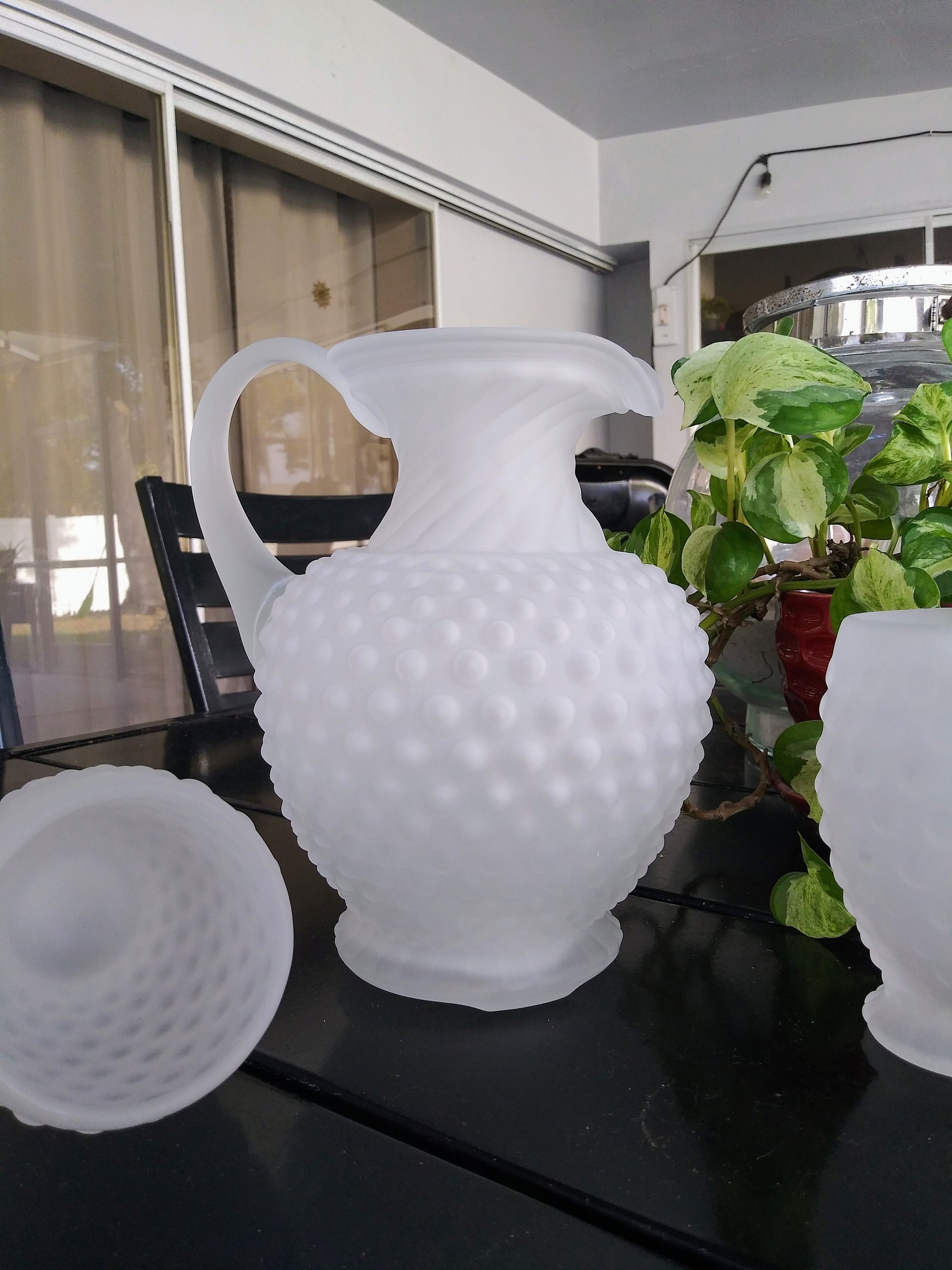 Tiara Exclusives White Frosted Glass Water Pitcher and Four 