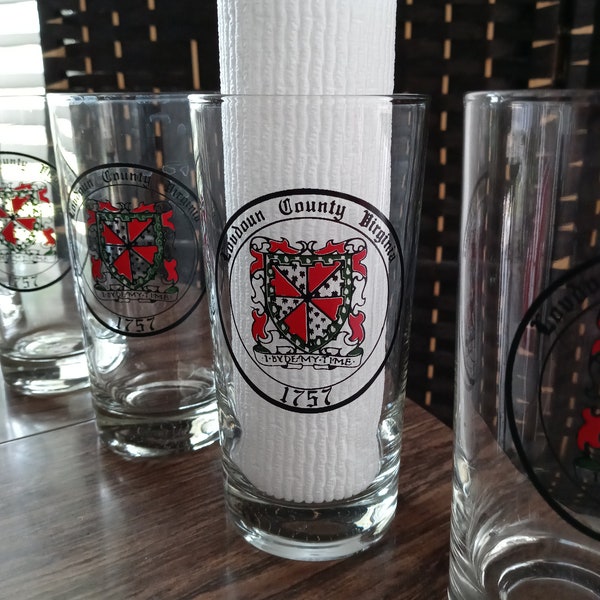 Highball glasses. Vintage barware with Loudoun Co. Coat of Arms, "I byde my time". Virginia pride glassware, Loudoun Co. 1757.