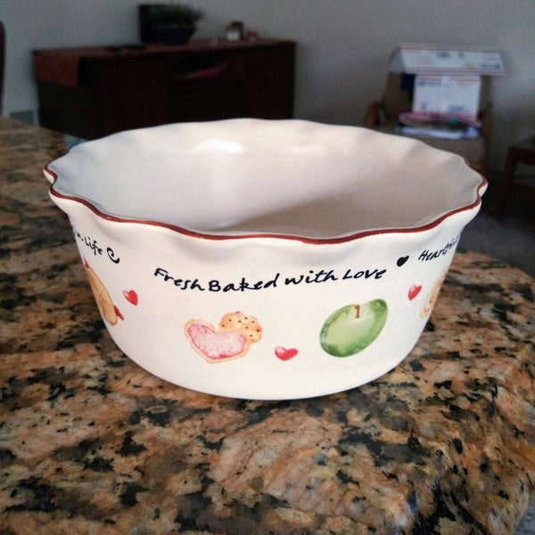 Stoneware pie dish. Small individual deep dish pie pan. " Heartfelt wishes, Sweet things in life, Fresh baked with love."