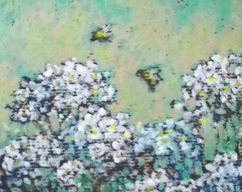 Original oil pastel painting - Three Busy Bees