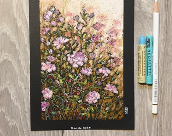 Original oil pastel painting - Pink Rosebush