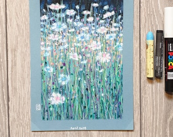 Original oil pastel painting - Pink and Blue Flower Bed
