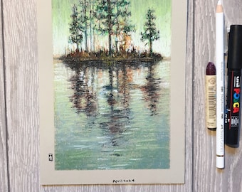 Origineel oliepastel schilderij - Eiland aan een meer