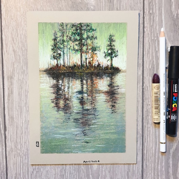 Original oil pastel painting - Island on a Lake