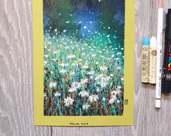 Peinture originale au pastel à l'huile - Lumière sur une marguerite la nuit