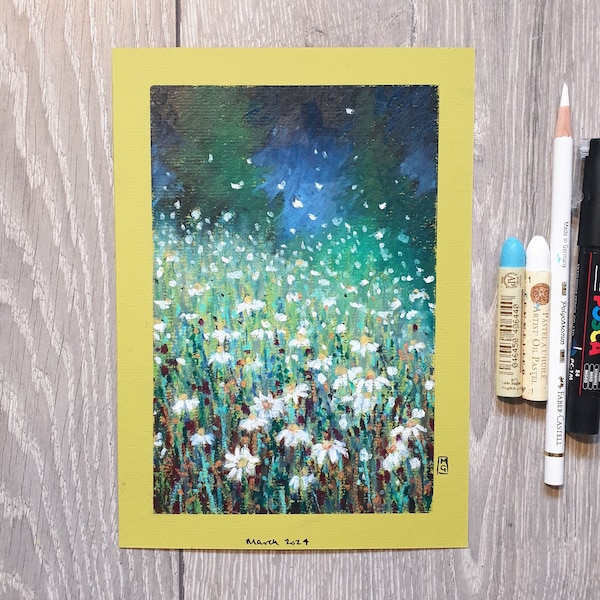 Original oil pastel painting - Light on a Daisy Patch at Night