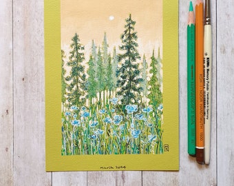 Original drawing - Woodland with Blue Roses