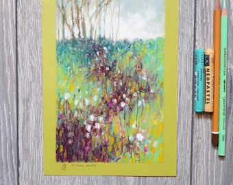 Original oil pastel painting - Semi Abstract Field with trees
