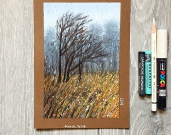 Original oil pastel painting - Windswept November Trees