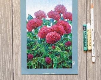 Original oil pastel painting - Red Hydrangea Shrub