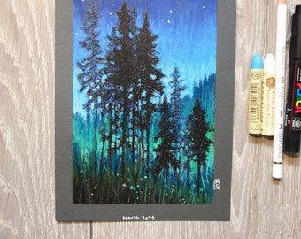 Original oil pastel painting - Tall Pine Trees at Night