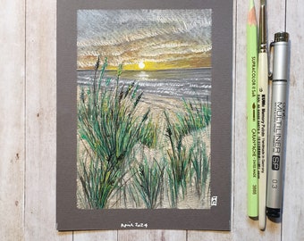 Original drawing - Sunset Beach Scene with Dune Grasses