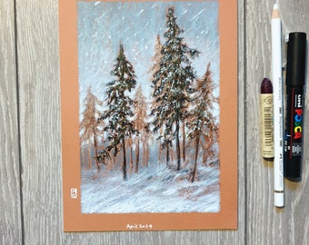 Peinture originale au pastel à l'huile - Tempête de neige des bois