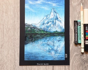 Original oil pastel painting - Mountain Lake