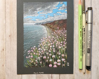 Original drawing - Beach and Sea with Thrift Flowers