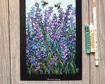 Original oil pastel painting - Lavender with bees