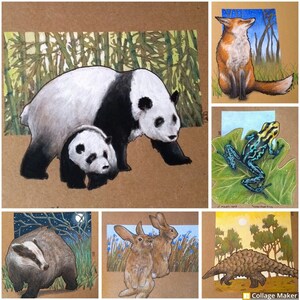 A photo collage of some of the animal drawings available under this listing.