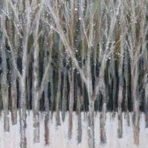 A winter landscape with trees and snow on the ground.  The artwork has quite a geometric and semi abstract feel to it.