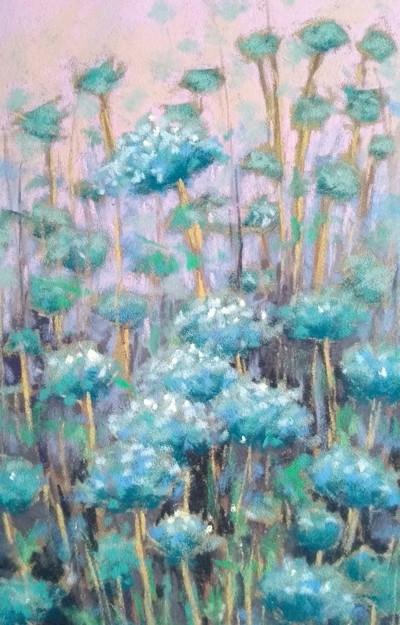 Original soft pastel painting  Blue garden flowers image 1