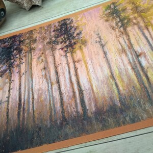 Original oil pastel painting  Forest in Rosy light image 5