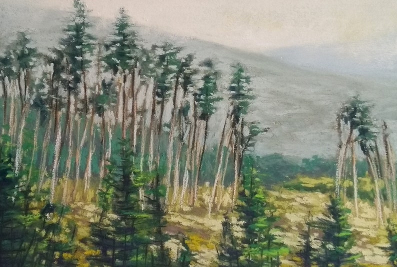 A landscape painting of Scottish hills with tall slender trees, mountains and grey skies.