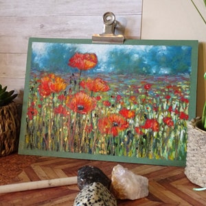 Original oil pastel painting - Poppies in a field