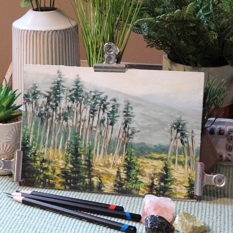 A landscape painting of Scottish hills with tall slender trees, mountains and grey skies.