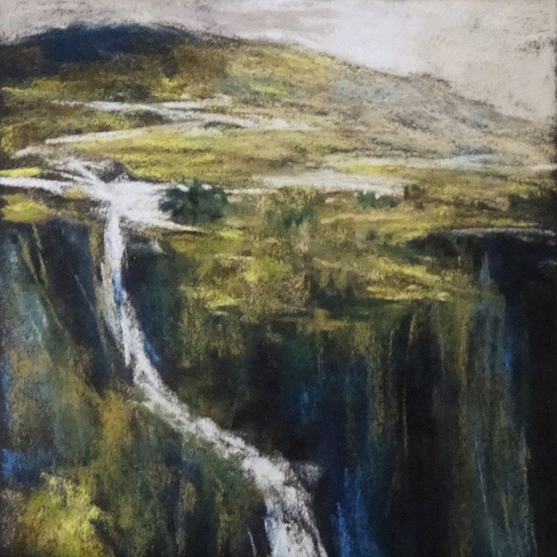 A moody soft pastel artwork of a Scottish highland river and waterfall in the mountains.