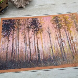Original oil pastel painting  Forest in Rosy light image 10