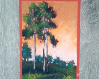 Original soft pastel painting - Three Trees with Orange Sky