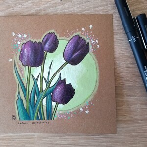 Original drawing mixed media  flowers Black Tulips