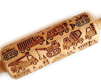 Cars, Laser Engraved Rolling Pin, Embossed Roller, Wooden roller engraved, Embossing Rolling Pin for Cookies, Small Rolling Pin, Toys, Gift