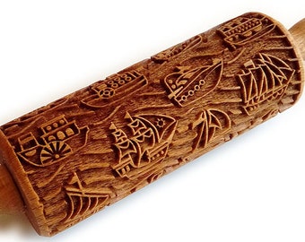 Ships, Laser Engraved Rolling Pin, Embossed Roller, Wooden roller engraved, Embossing Rolling Pin for Cookies, Small Rolling Pin, Toys, Gift