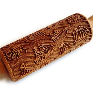 Ships, Laser Engraved Rolling Pin, Embossed Roller, Wooden roller engraved, Embossing Rolling Pin for Cookies, Small Rolling Pin, Toys, Gift
