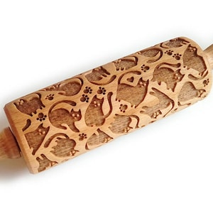 CAT, Embossed Rolling Pin, Laser Engraved Rolling Pin, Woden Cookie Molds, Pastry Tols, Wooden roller engraved, Embossing Roller for Cookies