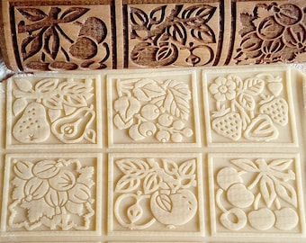 Fruits Springerle, Cookie Rolling pin,Engraved rolling pin by laser,Embossed rolling pin, Wooden rolling pin,  Biscuits, Gingerbread, Gift
