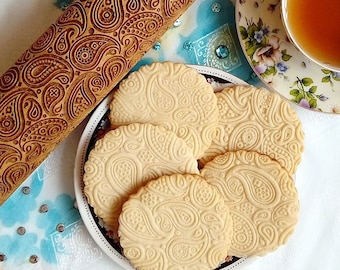 Rodillo grabado, rodillo de masa Paisley, rodillo en relieve, horneado para boda, galletas en relieve, rodillo de madera, herramientas de pastelería