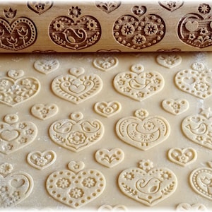 Folk hearts rolling pin, Laser engraved  wooden rolling pin,  Embossing Cookies, Gift, Wedding, Valentine&#39;s Day, Mother&#39;s Day, Gift  For Her