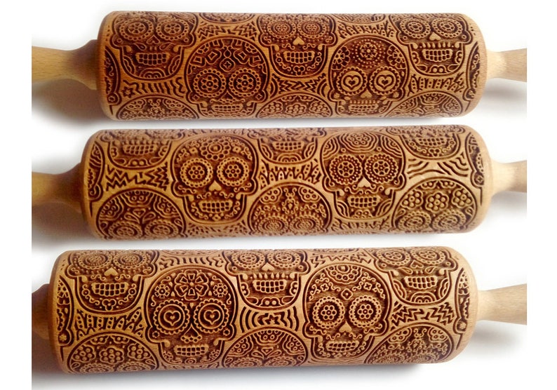 Engraved Rolling Pin, SUGAR SKULL Halloween, Dia de los Muertos, Embossed Rolling Pin, Engraved Wooden Rolling Pin, Embossing Cookies, Gift image 7