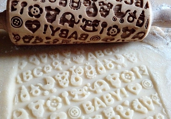 Baby Shower, Wooden Engraved Rolling Pin, Embossing Cookies, Baking, Biscuits for celebrations, Ecological form for biscuits, Gift, Party