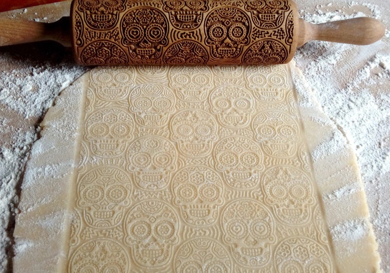 Engraved Rolling Pin, SUGAR SKULL Halloween, Dia de los Muertos, Embossed Rolling Pin, Engraved Wooden Rolling Pin, Embossing Cookies, Gift image 5