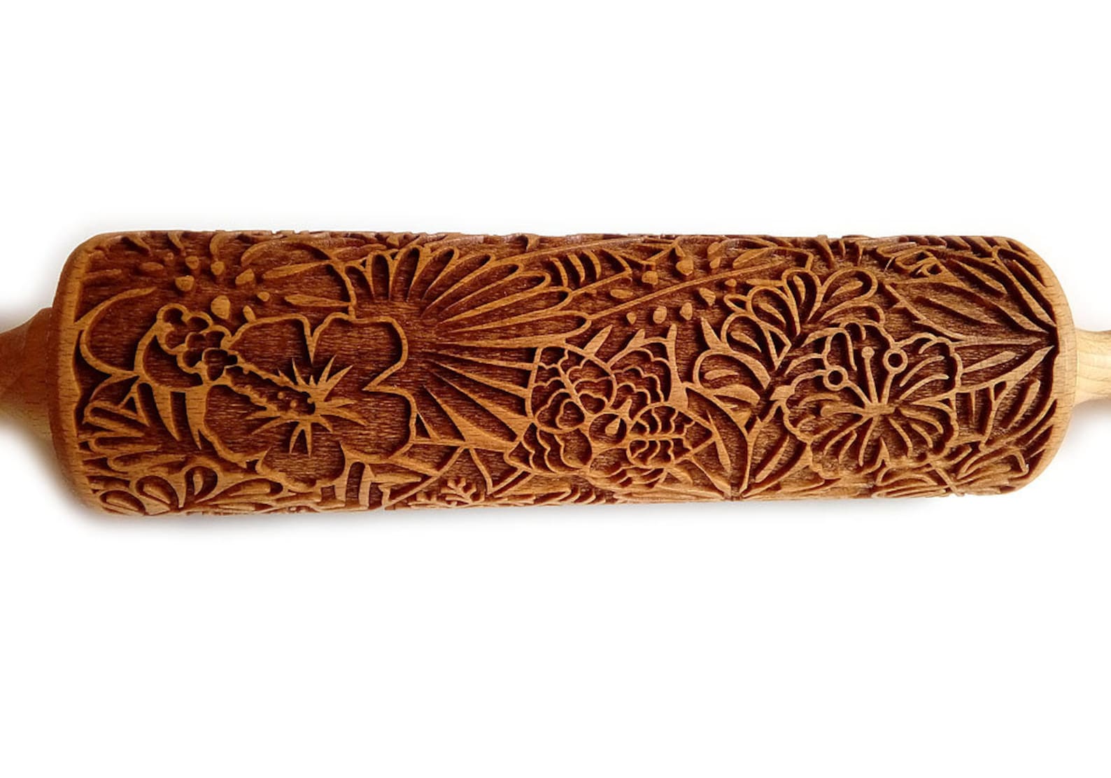 Engraved Rolling Pin, Flowers and Tropical Leaves, Wooden Embossed ...